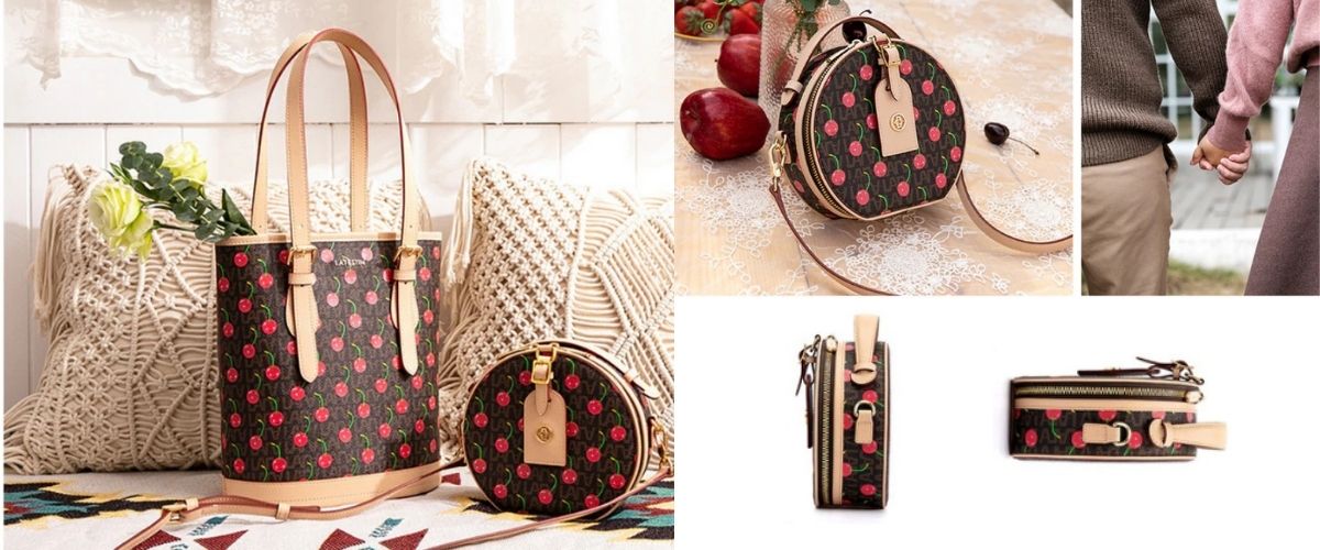 Infographie d'un sac à main cabas et  mini sac  à main en soie décorée de cerises