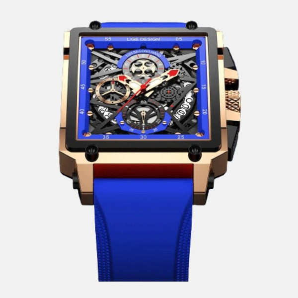 Montre carrée homme créative horlogerie visible fonction calendrier automatique boitier acier inoxydable couleur or rose bracelet silicone bleu roi