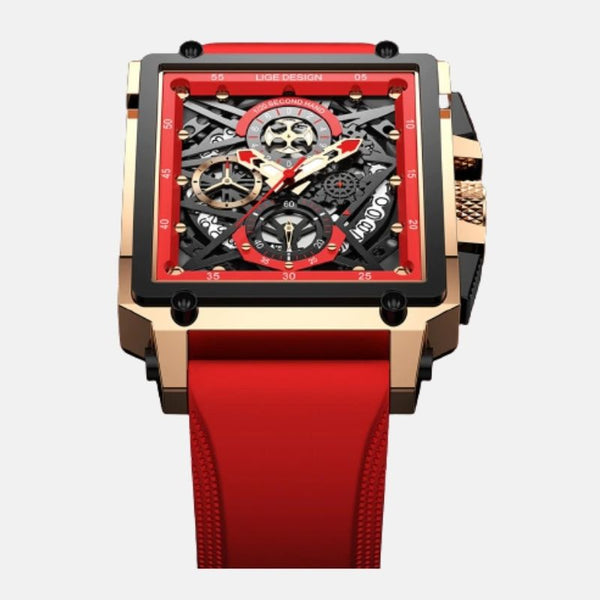 Montre carrée homme créative horlogerie visible fonction calendrier automatique boitier acier inoxydable  couleur or rose bracelet silicone rouge