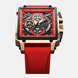 Montre carrée homme créative horlogerie visible fonction calendrier automatique boitier acier inoxydable  couleur or rose bracelet silicone rouge