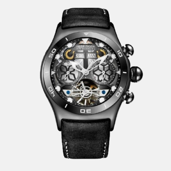 Montre homme horlogerie acier inoxydable quartz automatique boitier noir cadran noir étanche 5bars dimensions 45mm 25mm bracelet cuir noir