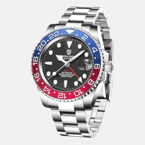 Montre boitier horlogerie bracelet en acier inoxydable avec toutes les foncions, étanche cadran noir liserer rouge et bleu sur le pourtour du cadran
