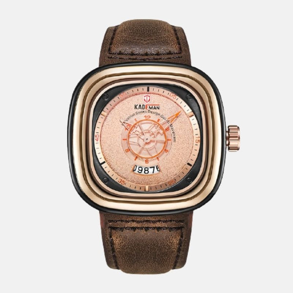 Montre carre style boussole marine quartz boitier acier inoxydable cadran bronze bracelet cuir marron