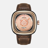 Montre carre style boussole marine quartz boitier acier inoxydable cadran bronze bracelet cuir marron