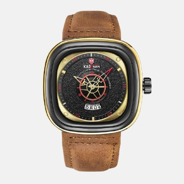 Montre carre style boussole marine quartz boitier acier inoxydable cadran noir et laiton bracelet cuir marron clair