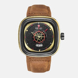 Montre carre style boussole marine quartz boitier acier inoxydable cadran noir et laiton bracelet cuir marron clair