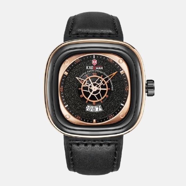 Montre carre style boussole marine quartz boitier acier inoxydable cadran noir et doré or rose bracelet cuir noir