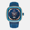 Montre carre style boussole marine quartz boitier acier inoxydable cadran bleu et doré bracelet cuir bleu marine