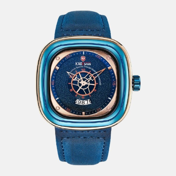 Montre carre style boussole marine quartz boitier acier inoxydable cadran bleu et doré bracelet cuir bleu marine