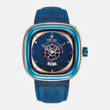 Montre carre style boussole marine quartz boitier acier inoxydable cadran bleu et doré bracelet cuir bleu marine