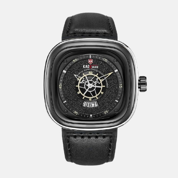 Montre carre style boussole marine quartz boitier acier inoxydable cadran noir bracelet cuir noir