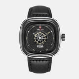 Montre carre style boussole marine quartz boitier acier inoxydable cadran noir bracelet cuir noir
