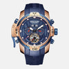 Montre de luxe homme boitier façon baroudeur cuivre inoxydable cadran bleu de france étanche 10 ATM verre cristal 9 mosh anti choc  mouvement automatique bracelet PU bleu de france