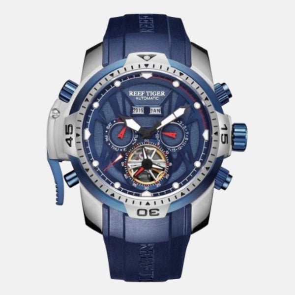 Montre de luxe homme boitier façon baroudeur acier inoxydable cadran bleu de france étanche 10 ATM verre cristal 9 mosh anti choc  mouvement automatique bracelet PU bleu de france