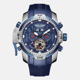 Montre de luxe homme boitier façon baroudeur acier inoxydable cadran bleu de france étanche 10 ATM verre cristal 9 mosh anti choc  mouvement automatique bracelet PU bleu de france