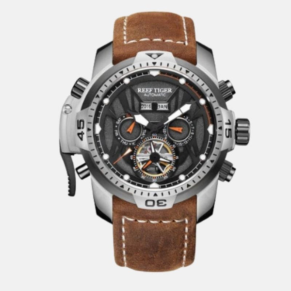 Montre de luxe homme boitier façon baroudeur acier inoxydable cadran noir étanche 10 ATM verre cristal 9 mosh anti choc  mouvement automatique bracelet en cuir clair