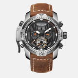 Montre de luxe homme boitier façon baroudeur acier inoxydable cadran noir étanche 10 ATM verre cristal 9 mosh anti choc  mouvement automatique bracelet en cuir clair