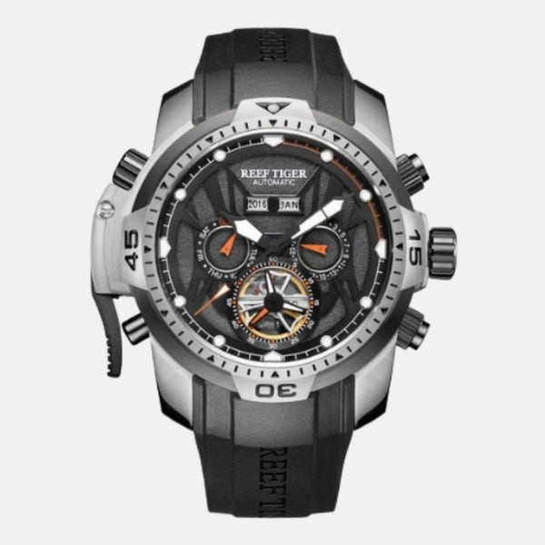 Montre de luxe homme boitier façon baroudeur acier inoxydable cadran noir étanche 10 ATM verre cristal 9 mosh anti choc  mouvement automatique bracelet PU noir