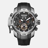 Montre de luxe homme boitier façon baroudeur acier inoxydable cadran noir étanche 10 ATM verre cristal 9 mosh anti choc  mouvement automatique bracelet PU noir