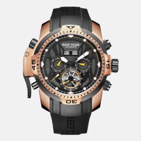 Montre de luxe homme boitier façon baroudeur cuivre inoxydable cadran noir étanche 10 ATM verre cristal 9 mosh anti choc  mouvement automatique bracelet PU noir