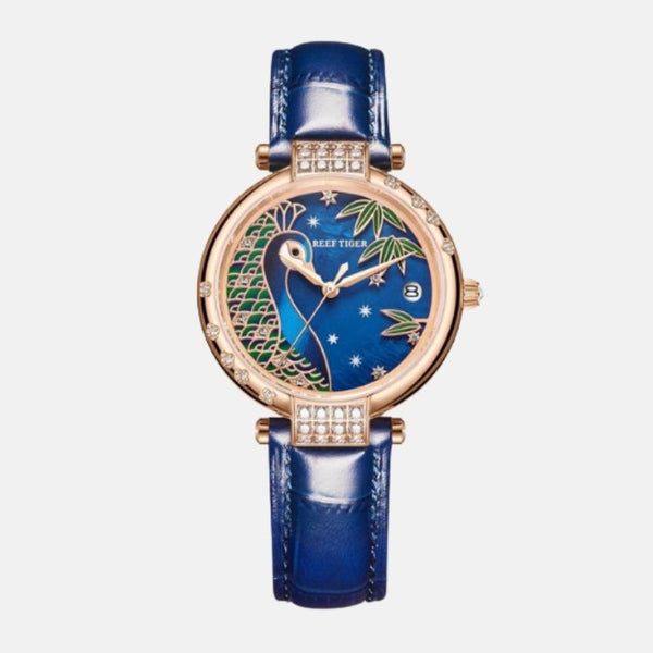    Montre femme acier inoxydable et doré boitier rond représente la tête d'un paon magnifique bracelet acier doré et cuir bleu de france