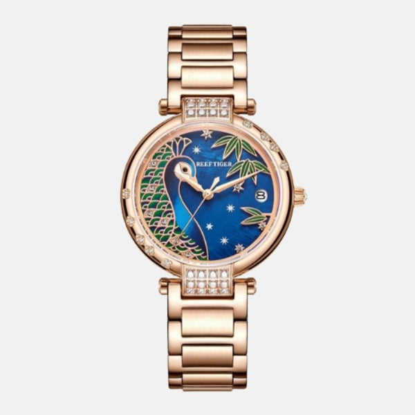   Montre femme acier inoxydable et doré boitier rond représente la tête d'un paon magnifique bracelet acier doré 