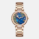    Montre femme acier inoxydable et doré boitier rond représente la tête d'un paon magnifique bracelet acier doré 