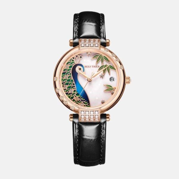    Montre femme acier inoxydable et doré boitier rond représente la tête d'un paon magnifique bracelet acier doré et cuir noir