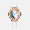    Montre femme acier inoxydable et doré boitier rond représente la tête d'un paon magnifique bracelet acier doré et cuir blanc