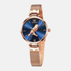 Montre femme a quartz 3 aiguilles thème des oiseaux boitier acier inoxydable et bracelet dore cadran bleu roi