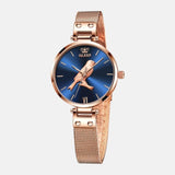 Montre femme a quartz 3 aiguilles thème des oiseaux boitier acier inoxydable et bracelet dore cadran bleu roi