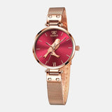 Montre femme a quartz 3 aiguilles thème des oiseaux boitier acier inoxydable et bracelet dore cadran rouge