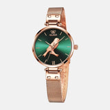 Montre femme a quartz 3 aiguilles thème des oiseaux boitier acier inoxydable et bracelet dore cadran vert émeraude