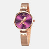 Montre femme a quartz 3 aiguilles thème des oiseaux boitier acier inoxydable et bracelet doré cadran violet