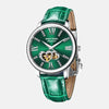 Montre femme boitier acier inoxydable cadran vert émeraude double coeurs saint valentin doré bracelet cuir vert émeraude