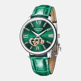 Montre femme boitier acier inoxydable cadran vert émeraude double coeurs saint valentin doré bracelet cuir vert émeraude