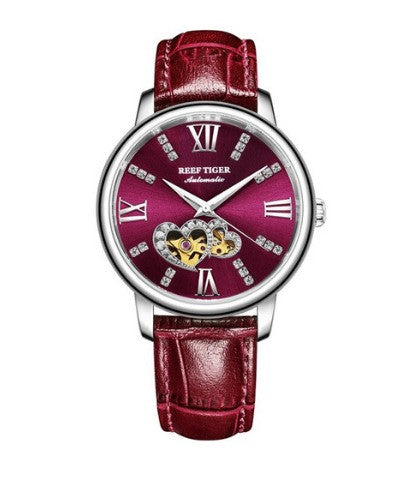 Montre femme boitier acier inoxydable cadran rouge carmin double coeurs saint valentin doré bracelet cuir rouge carmin