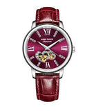 Montre femme boitier acier inoxydable cadran rouge carmin double coeurs saint valentin doré bracelet cuir rouge carmin