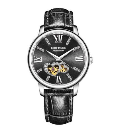 Montre femme boitier acier inoxydable cadran noir double coeurs saint valentin doré bracelet cuir noir