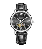 Montre femme boitier acier inoxydable cadran noir double coeurs saint valentin doré bracelet cuir noir