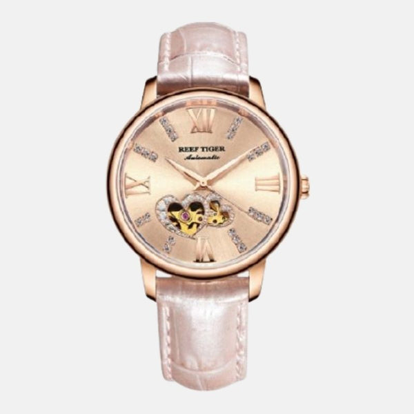 Montre femme boitier acier inoxydable cadran rose double coeurs saint valentin doré bracelet cuir  rose