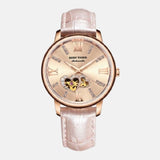 Montre femme boitier acier inoxydable cadran rose double coeurs saint valentin doré bracelet cuir  rose