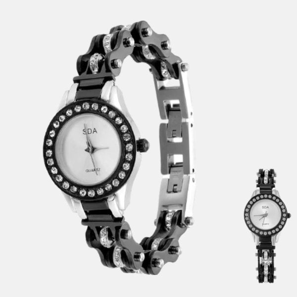 Montre à quartz femme chaine de moto Acier noir et acier