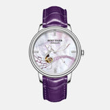 Montre femme boitier inoxydable cadran blanc décorer porter solfège dore bracelet cuir violet