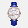 Montre femme boitier inoxydable cadran blanc décorer porter solfège dore bracelet cuir bleu de france