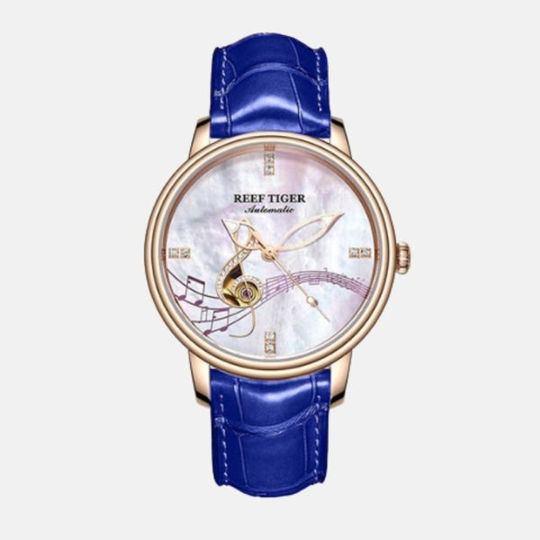 Montre femme boitier inoxydable cadran blanc décorer porter solfège dore bracelet cuir bleu de france