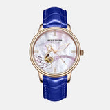 Montre femme boitier inoxydable cadran blanc décorer porter solfège dore bracelet cuir bleu de france
