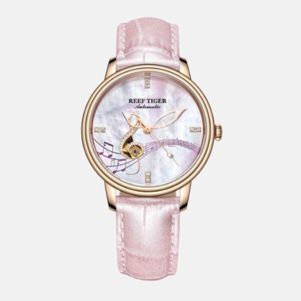 Montre femme boitier inoxydable cadran blanc décorer porter solfège dore bracelet cuir rose