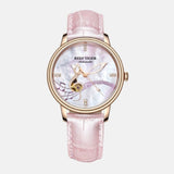 Montre femme boitier inoxydable cadran blanc décorer porter solfège dore bracelet cuir rose