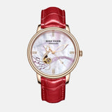 Montre femme boitier inoxydable cadran blanc décorer porter solfège dore bracelet cuir  rouge